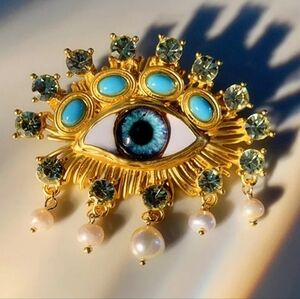 🆕️ Schiaparelli Type Gold and Blue Eye Brooch with Pearls NWOT